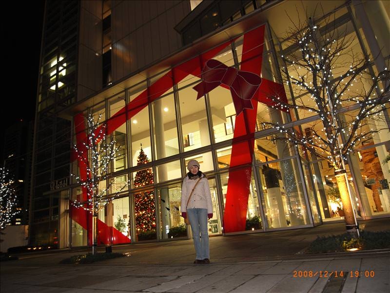 東瀛留學日記東京行（08.12.14 惠比壽、六本木、橫濱）:這間商場的玻璃入口，裝飾成一個綁著絲帶的禮物盒