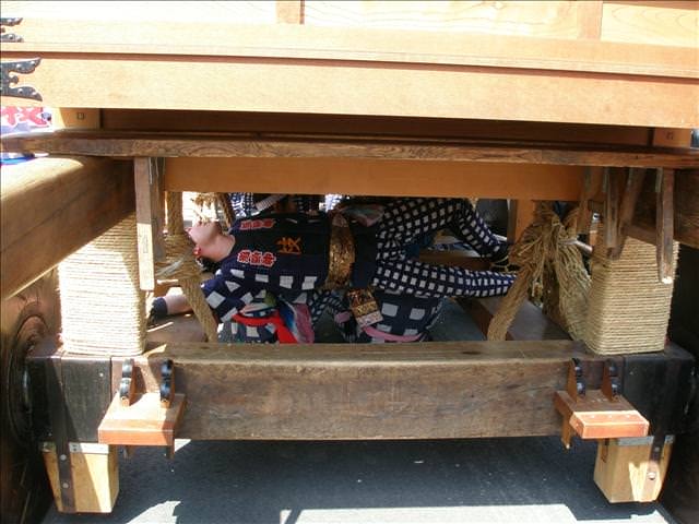 東瀛留學日記之犬山祭(2008.4.5):趁著小孩尿尿時，底下的轎夫趁機休息。
